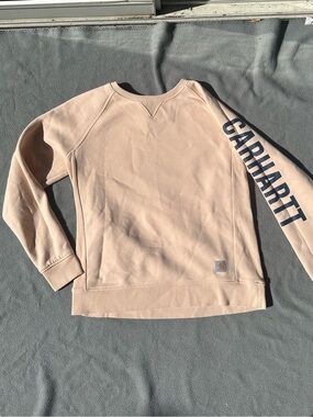 Carhartt Women's Pale Pink Crewneck Sweatshirt with Sleeve Logo